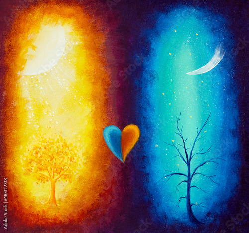 Vászonkép Acrylic painting heart and soul harmony illustration The concept of opposite ene
