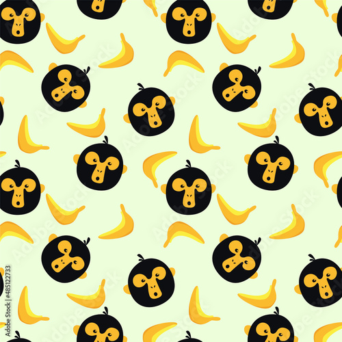 Cartoon illustration of monkey head and banana. seamless pattern. can be used for wrapping paper, wallpaper, background, cover, pattern fill, fabric, textile, nursery interior