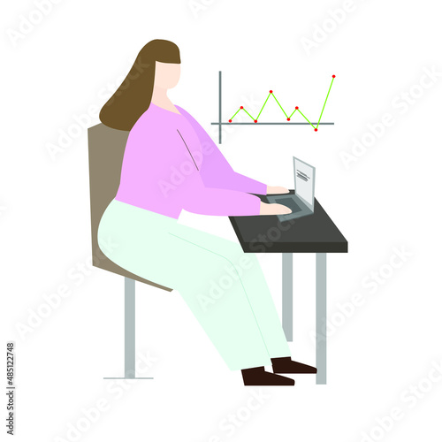 A woman is working on a laptop. A female freelancer runs a business. Vector illustration in the concept of business.