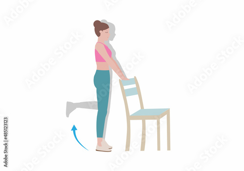 Exercises that can be done at home using a sturdy chair collection. Standing-Leg Curl posture. Illustration of woman in cartoon style.