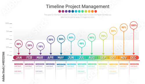 Project timeline graph for 12 months, 1 year, All month planner design and Presentation business project.
