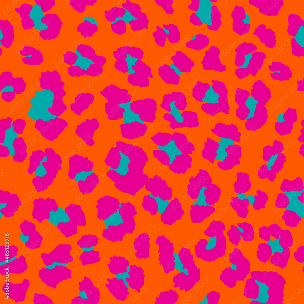 Seamless leopard pattern in orange, teal blue, and fuchsia pink.