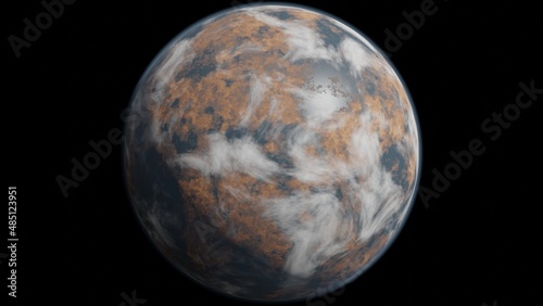 Alien planet. Planet with atmosphere and clouds. Isolated in the black space, with no stars. 3d rendering