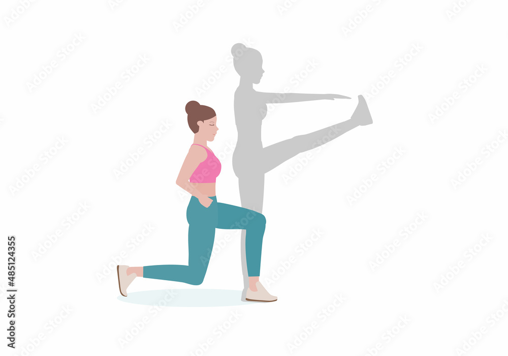 Women doing exercises. Step by step instruction for doing Reverse Lunge Kick which will help you create strong legs and protect your low back. Isolated vector illustration in cartoon style. Women doing exercises. Step by step instruction for doing Reverse Lunge Kick which will help you create strong legs and protect your low back. Isolated vector illustration in cartoon style.