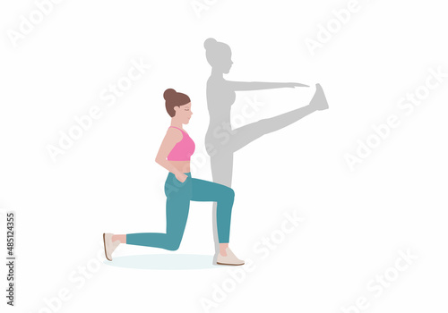 Women doing exercises.  Step by step instruction for doing Reverse Lunge Kick which will help you create strong legs and protect your low back. Isolated vector illustration in cartoon style.