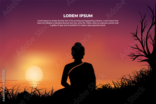 Silhouette of meditation lord buddha with sunset background. Elegant Buddha silhouette vector illustration. Happy Vesak Day background vector. 