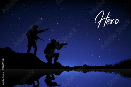 Silhouette of soldier with starry night background. Starry Night background with soldier silhouette. soldiers ready to shoot the enemy