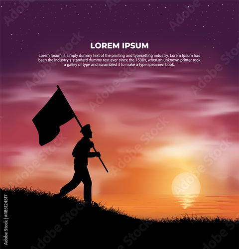 Celebration heroes day with soldier hold flag and sunset background . Suitable for greeting card, poster and banner