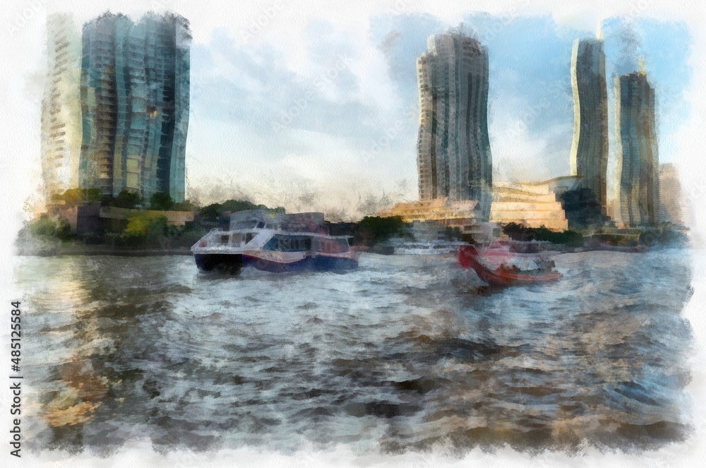 Landscape of the Chao Phraya River in Bangkok, Thailand watercolor style illustration impressionist painting.