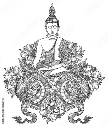Tattoo art buddha thai design on lotus hand drawing and sketch