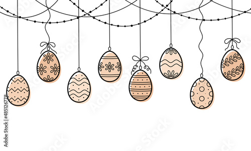Garland with easter eggs with ornament. Elements for decorating for the Easter. Vector illustration in colored doodle line style.