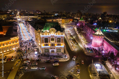 Nizhniy Novgorod. Festive lights. Bolshaya Pokrovskaya street. Aerial view.