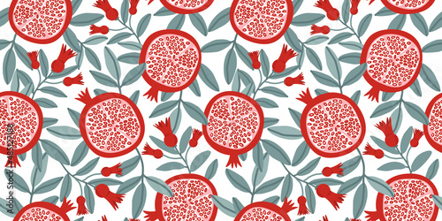 Seamless pattern with pomegranate fruits and seeds illustration. Design for cosmetics, spa, pomegranate juice, health care products, perfume. Transparent background.