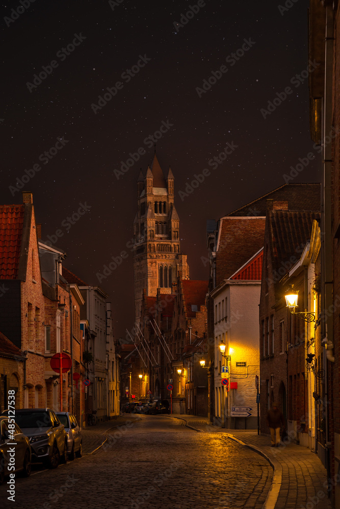Cathedral of Saint Salvator in Bruges, Belgium in the night