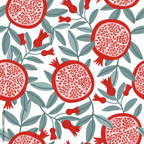 Seamless pattern with pomegranate fruits and seeds illustration. Design for cosmetics, spa, pomegranate juice, health care products, perfume. Transparent background.