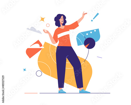 Vector illustration of laughing cheerful young woman expresses emotions. Editable stroke, global swatches