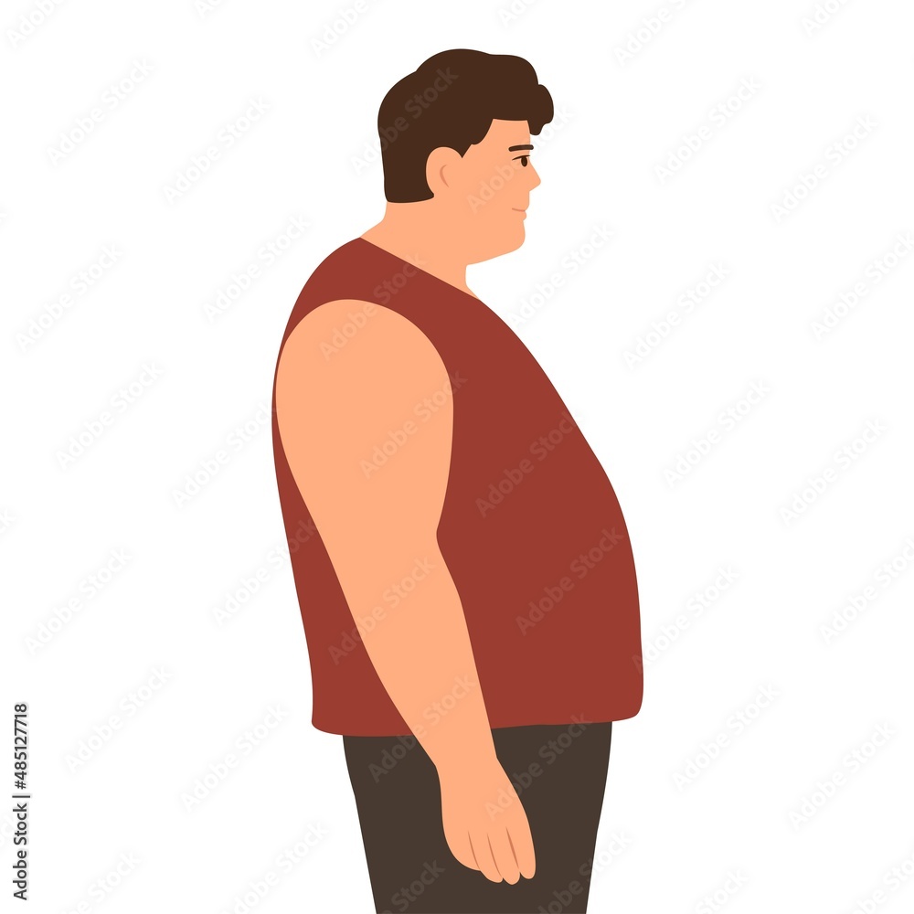 Fototapeta premium Man in profile with overweight. Problems with excess weight. The concept of bad eating habits, gluttony, obesity and unhealthy eating. Vector illustration