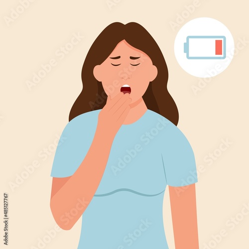 Woman yawning covering mouth with hand.  Sleepy person with open mouth.Fatigue. Low energy.Vector illustration