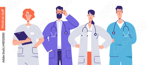 Vector outline illustration of a medical personnel, health workers, hospital physicians. Editable stroke, global swatches