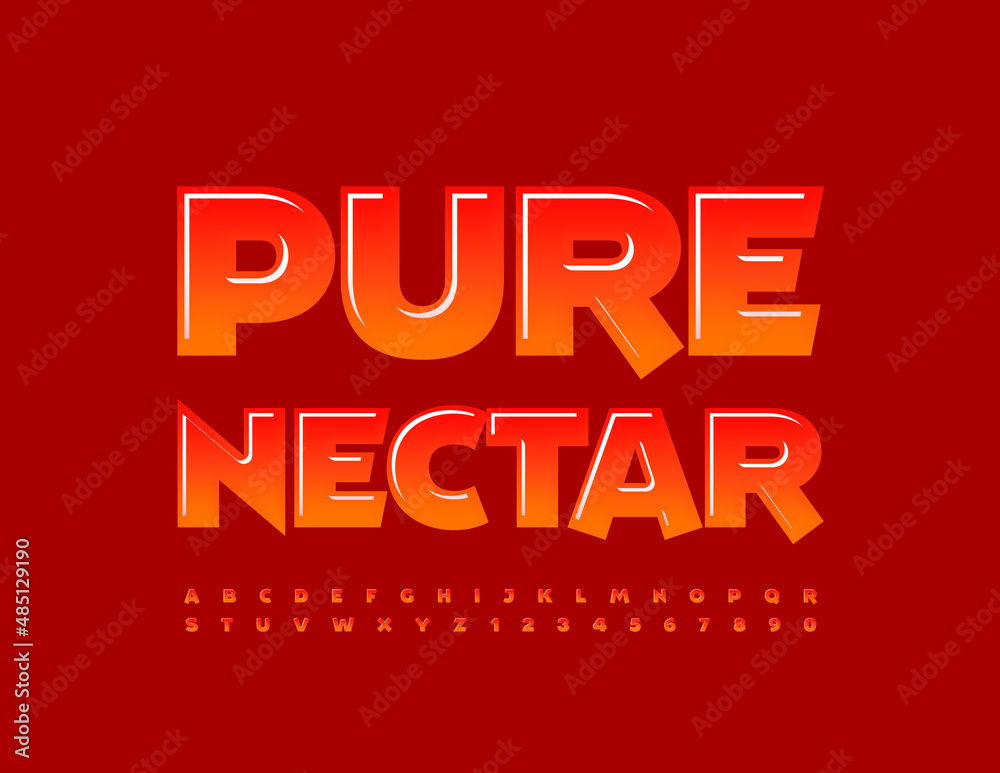 Vector sweet emblem Pure Nectar. Bright artistic Font. Glossy Alphabet Letters and Numbers set