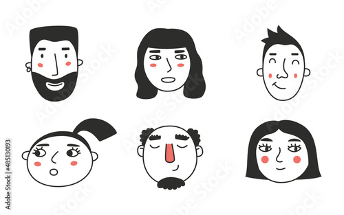 Set of different people's faces, human avatars collection. Different emotions, portrait with a positive facial expression.