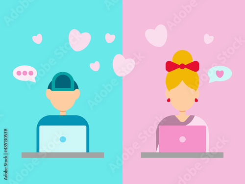 Online dating. Internet dating. Single woman and single man flirting on social media website. Concept of falling in love via the internet. Hand drawn, vector eps 10.