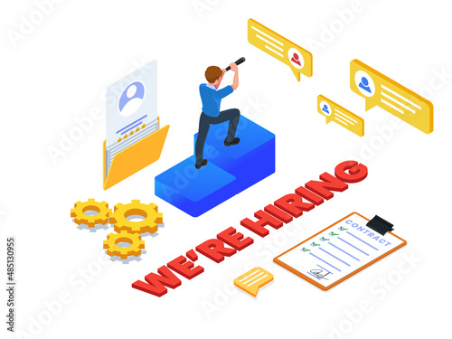 Isometric business recruitman. Businessman using binocular for hiring. Business management illustration.