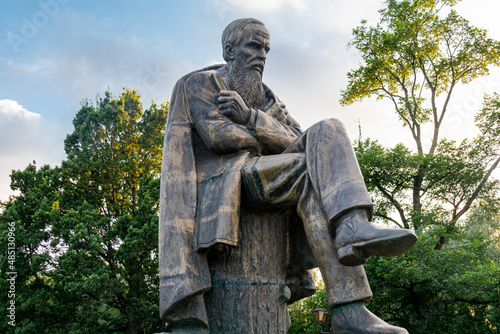 Staraya Russa, Russia - August 1, 2020: Monument to the famous Russian novelist Fyodor Mikhailovich Dostoevsky