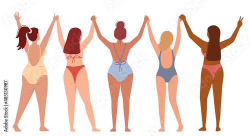Women with different skin colors in swimsuits hold each others hands. A view from the back of a group of females having fun in the summer. The concept of female friendship and support. Flat vector 
