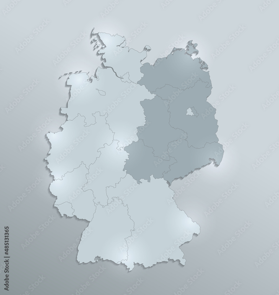 Germany map divided on West and East Germany with regions, design glass card 3D, blank