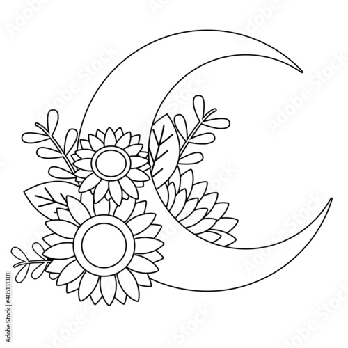 Half moon and sunflower in outline or black and white style. Illustration about sweet dream.