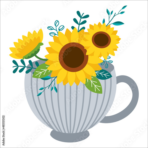 Cute bouquet of sunflower with teacup or vase in flat vector style. Illustration about flower, floral theme.