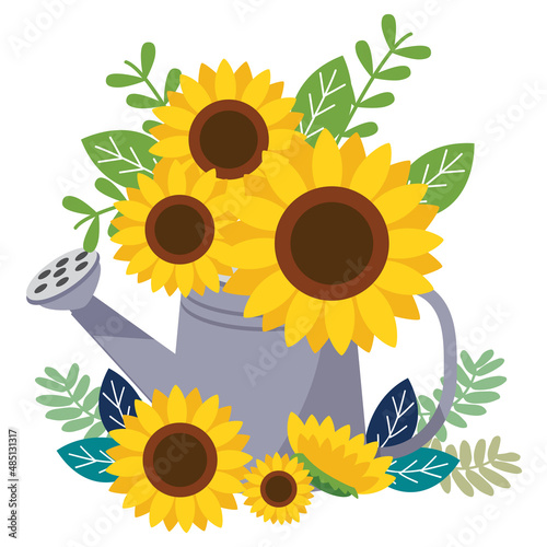 Cute Metal vintage watering can. Gardening equipment. Sunflower and garden care in flat vector abd outline style. For stickers, gliders, textile design.