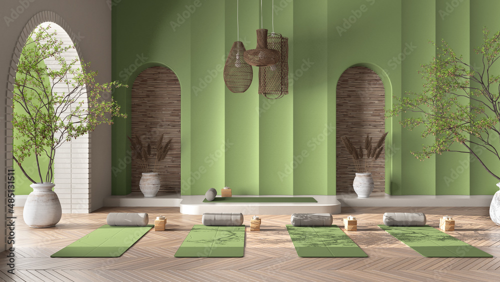 Ilustração do Stock: Empty yoga studio interior design in green tones,  western japanese space, parquet, potted trees, lamp, molded walls, mats,  pillows and accessories. Ready for practice, meditation