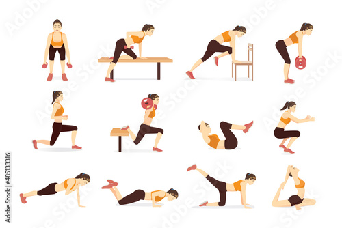 Sports Woman character in many exercise activities and pose. Set of Character cartoon about a workout.