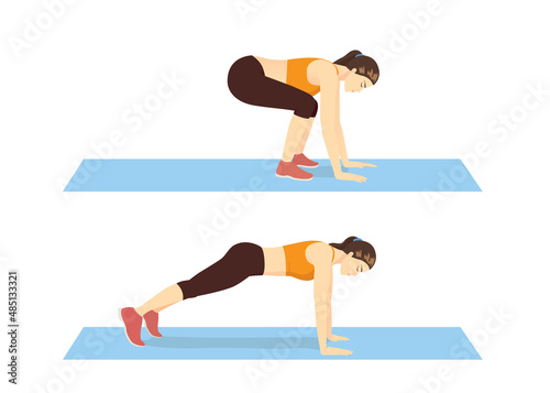 Woman doing Half Burpee in 2 steps for exercise guide. Illustration about correct workout diagram.