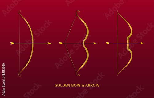 Collection of golden bow and arrow. set of shinny bow and arrow vector illustration.