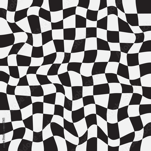 Abstract black and white distorted checkered pattern.