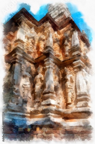 The remains of ancient architecture, art, architecture, art in the north of Thailand have beautiful stucco designs. watercolor style illustration impressionist painting. © Kittipong