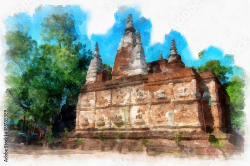 The remains of ancient architecture  art  architecture  art in the north of Thailand have beautiful stucco designs. watercolor style illustration impressionist painting.