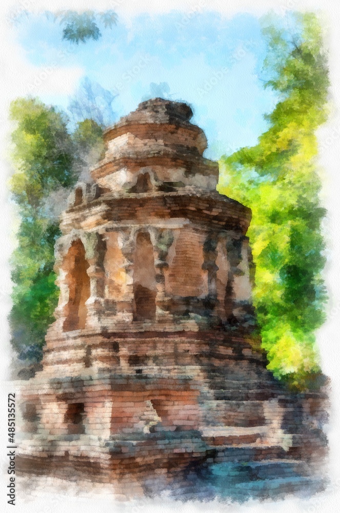 The remains of ancient architecture, art, architecture, art in the north of Thailand have beautiful stucco designs. watercolor style illustration impressionist painting.