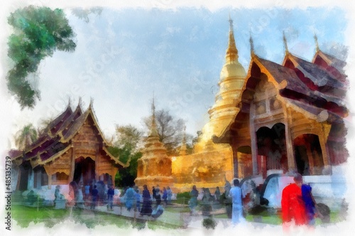 ancient architecture in northern Thailand watercolor style illustration impressionist painting. © Kittipong