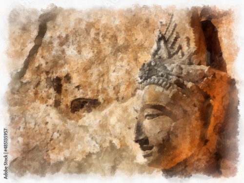 The remains of ancient architecture  art  architecture  art in the north of Thailand have beautiful stucco designs. watercolor style illustration impressionist painting.