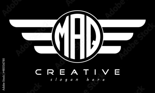 MAQ three letter monogram type circle letter logo with wings vector template. photo