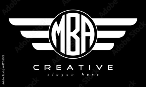 MBA three letter monogram type circle letter logo with wings vector template.