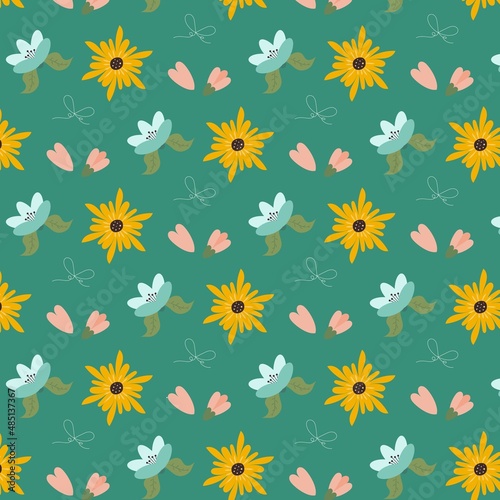 Pattern with flowers in flat style  and additional bow element