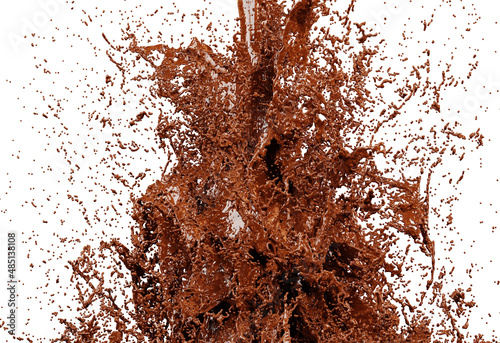 Realistic chocolate splashes, 3d render. Chocolate fountain. Strong splash of sweet syrup isolated on white background.
