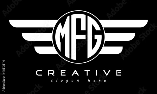 MFG three letter monogram type circle letter logo with wings vector template. photo