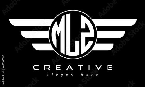 MLZ three letter monogram type circle letter logo with wings vector template.