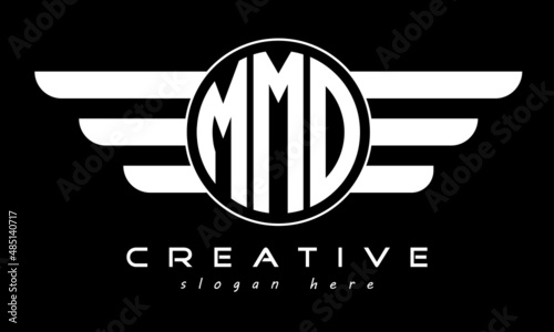 MMO three letter monogram type circle letter logo with wings vector template.